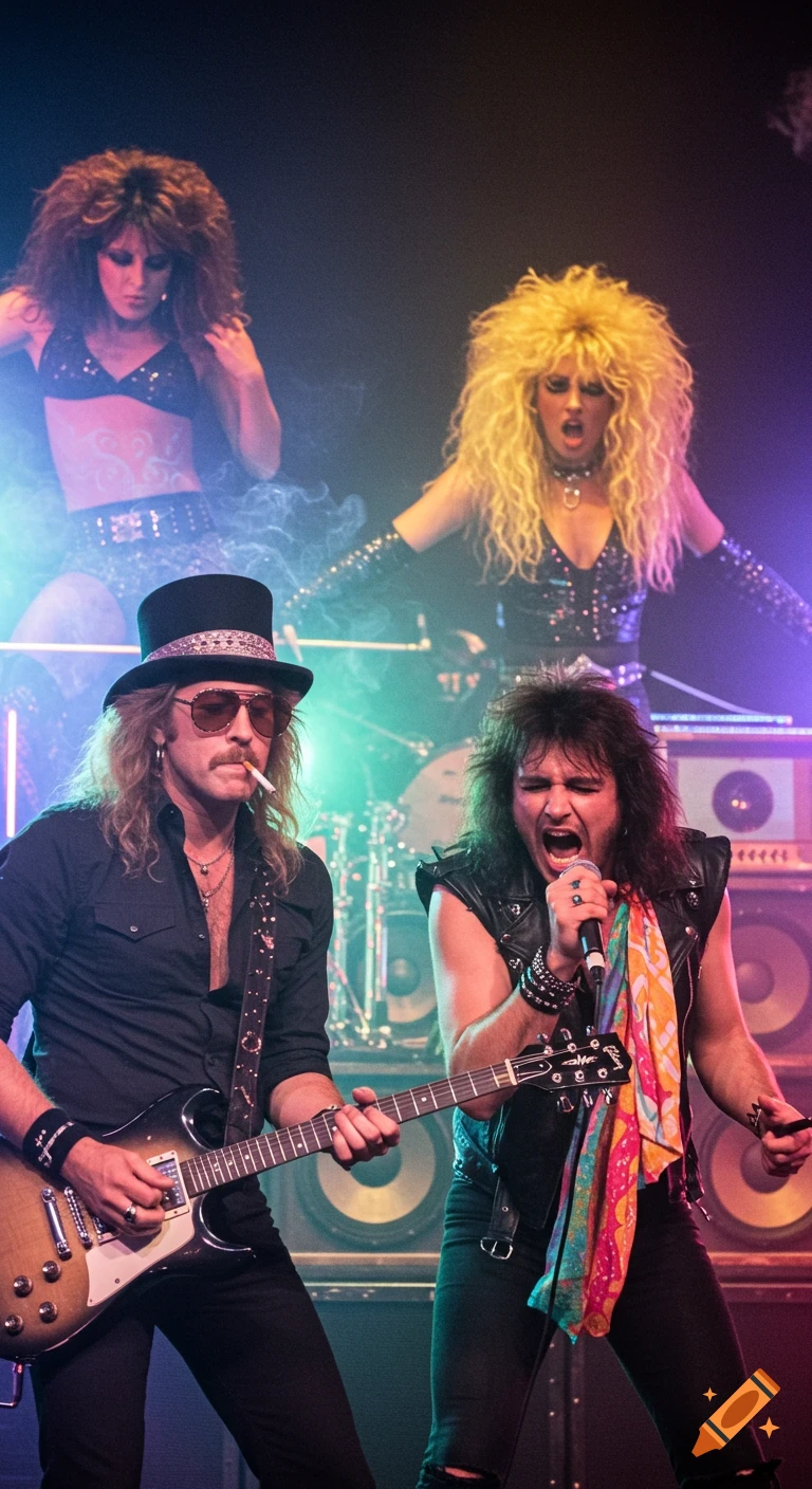 Two male rock musicians perform on stage with two female dancers in a vibrant 1980s glam-metal concert, bathed in neon lights and smoke.
