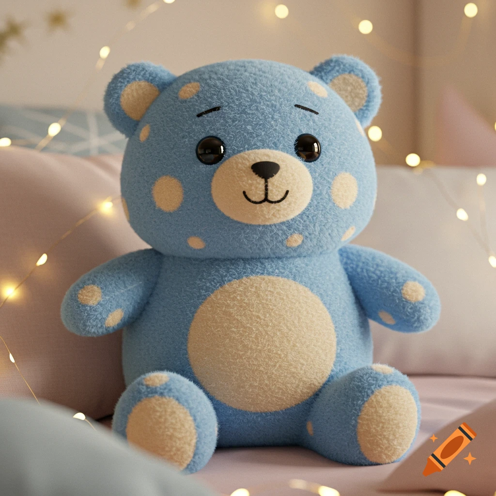 A cute blue plushie bear with cream polka dots, big black eyes, and a stitched smile sits on a bed with fairy lights.