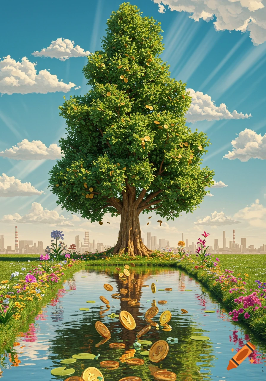 A fantastical tree with gold coins falling into a river, surrounded by vibrant flowers and a distant cityscape under a bright sky.