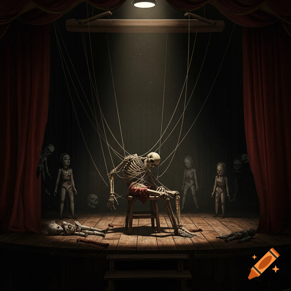 A skeletal marionette on a stool, tangled in strings, surrounded by other broken marionettes on a dark, spotlighted stage with red curtains.