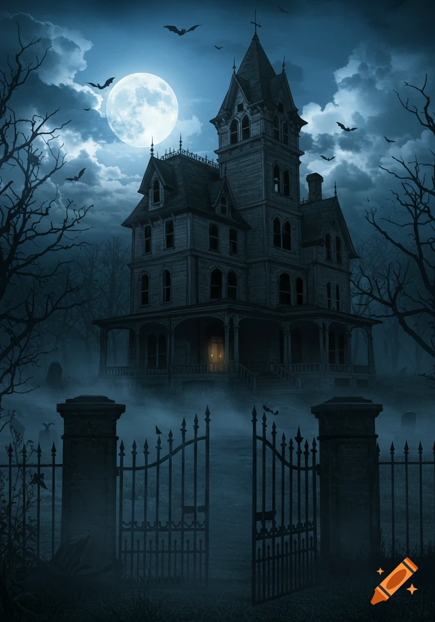 A spooky haunted mansion at night, silhouetted against a full moon, with bats flying over bare trees and a misty gate.