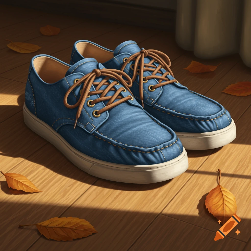 A pair of blue denim shoes with brown laces and white soles rests on a wooden floor, surrounded by autumn leaves in warm sunlight.