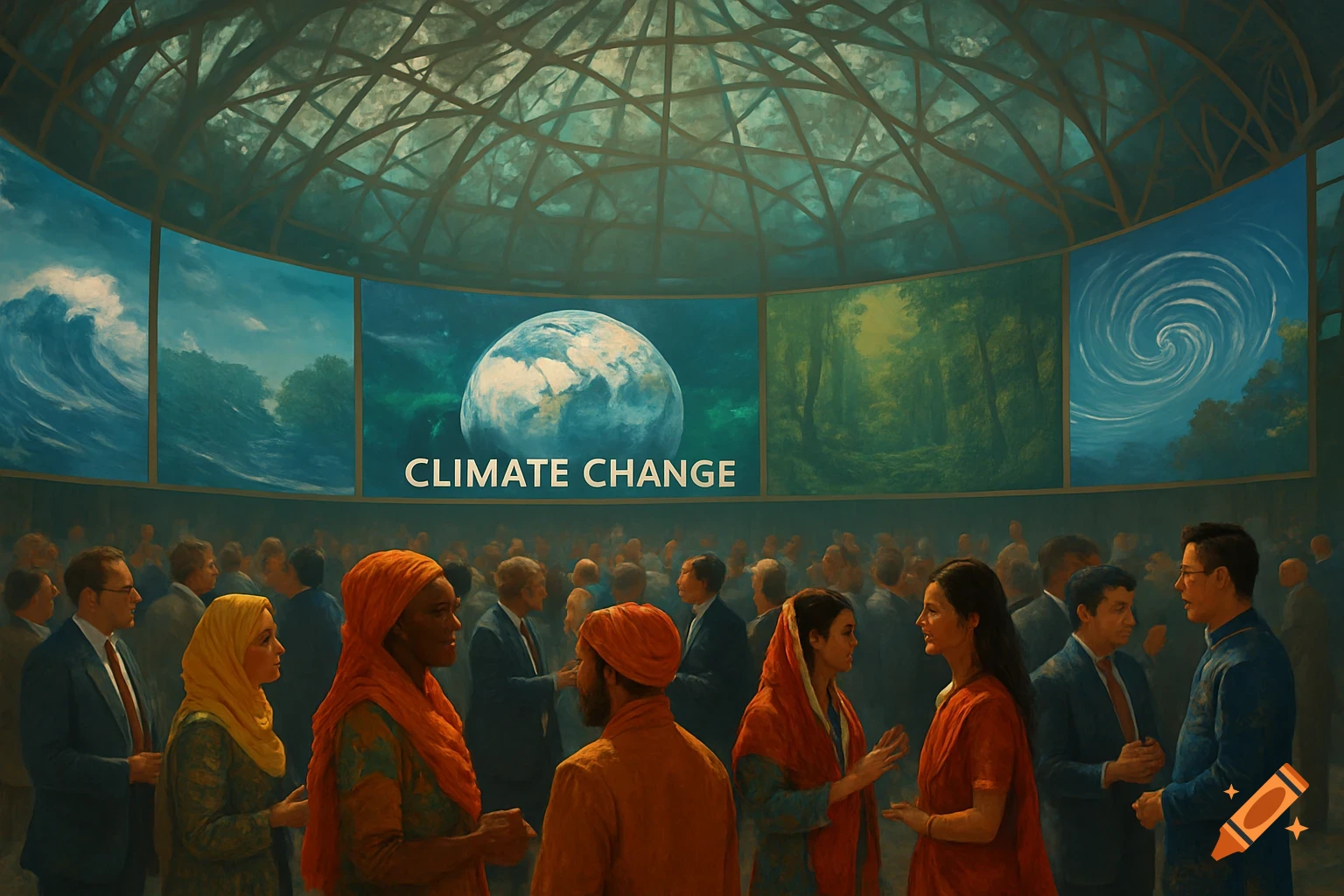 Diverse attendees at a climate change conference, with large screens displaying 'CLIMATE CHANGE,' Earth, waves, and forests.