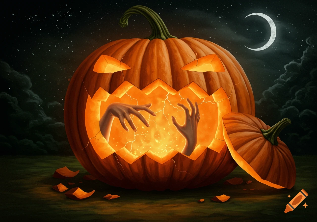 Two hands reach out from the glowing mouth of a large jack-o'-lantern on a spooky Halloween night with a crescent moon.