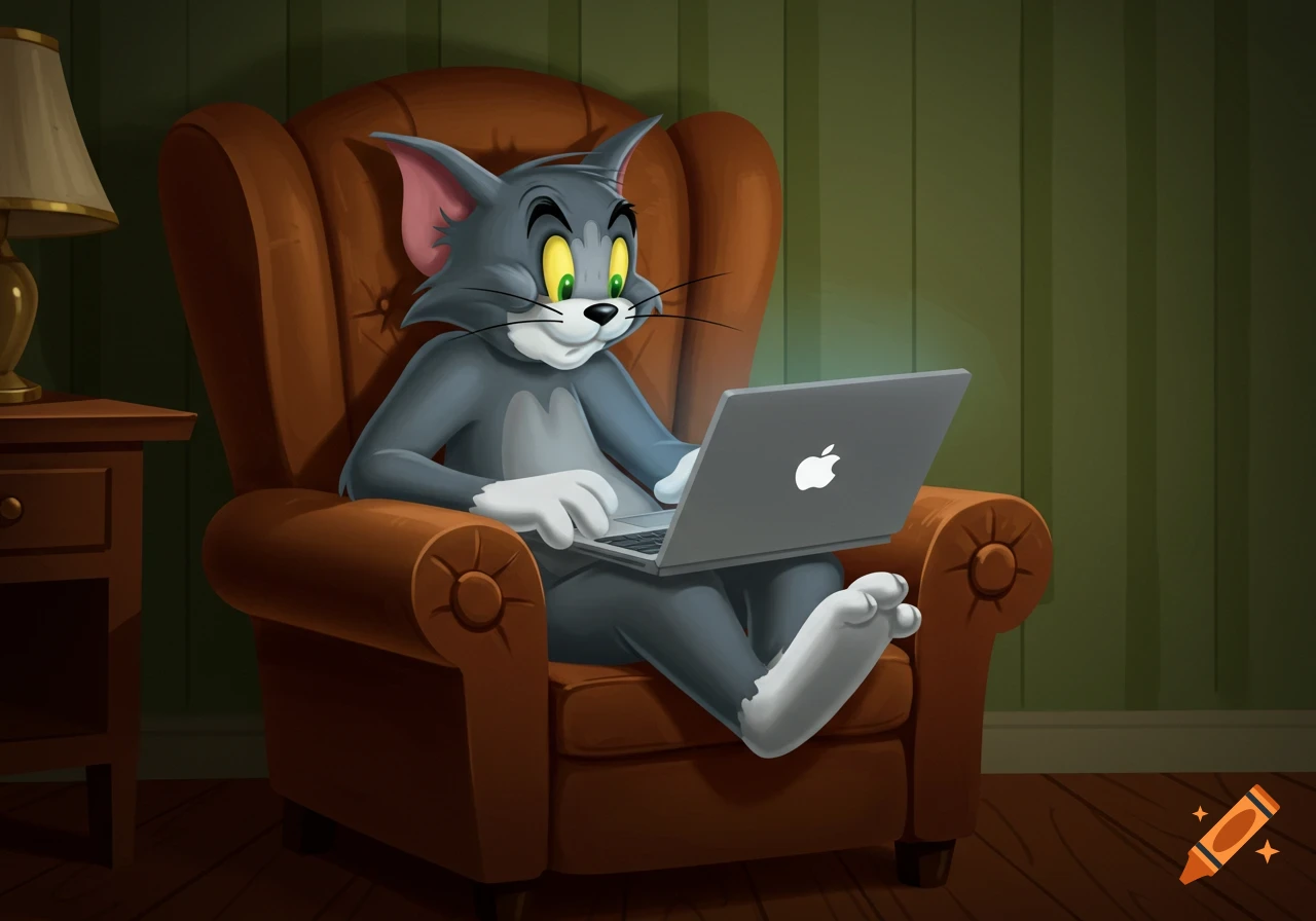 Tom the Cat, from Tom and Jerry, sits in a brown armchair, intently looking at a silver laptop in a dimly lit room.