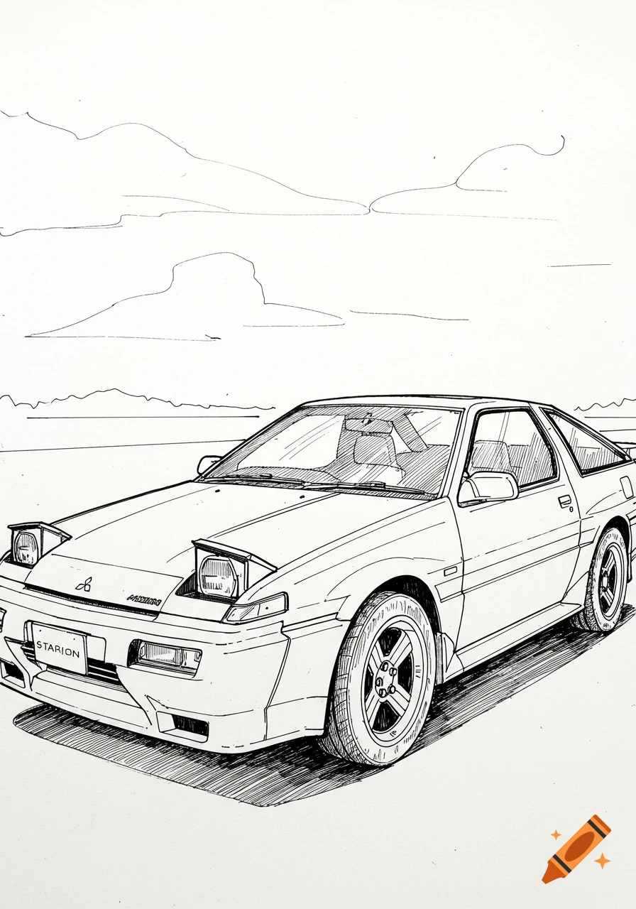 A detailed black and white line drawing of a Mitsubishi Starion sports car with its pop-up headlights up, set against a simple background of mountains.