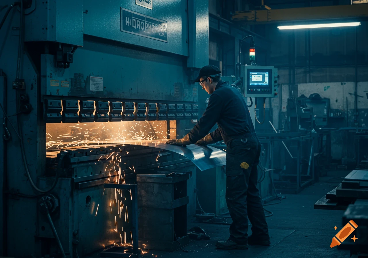 A worker wearing gloves and a cap operates a large industrial bending machine, creating sparks in a dimly lit factory.