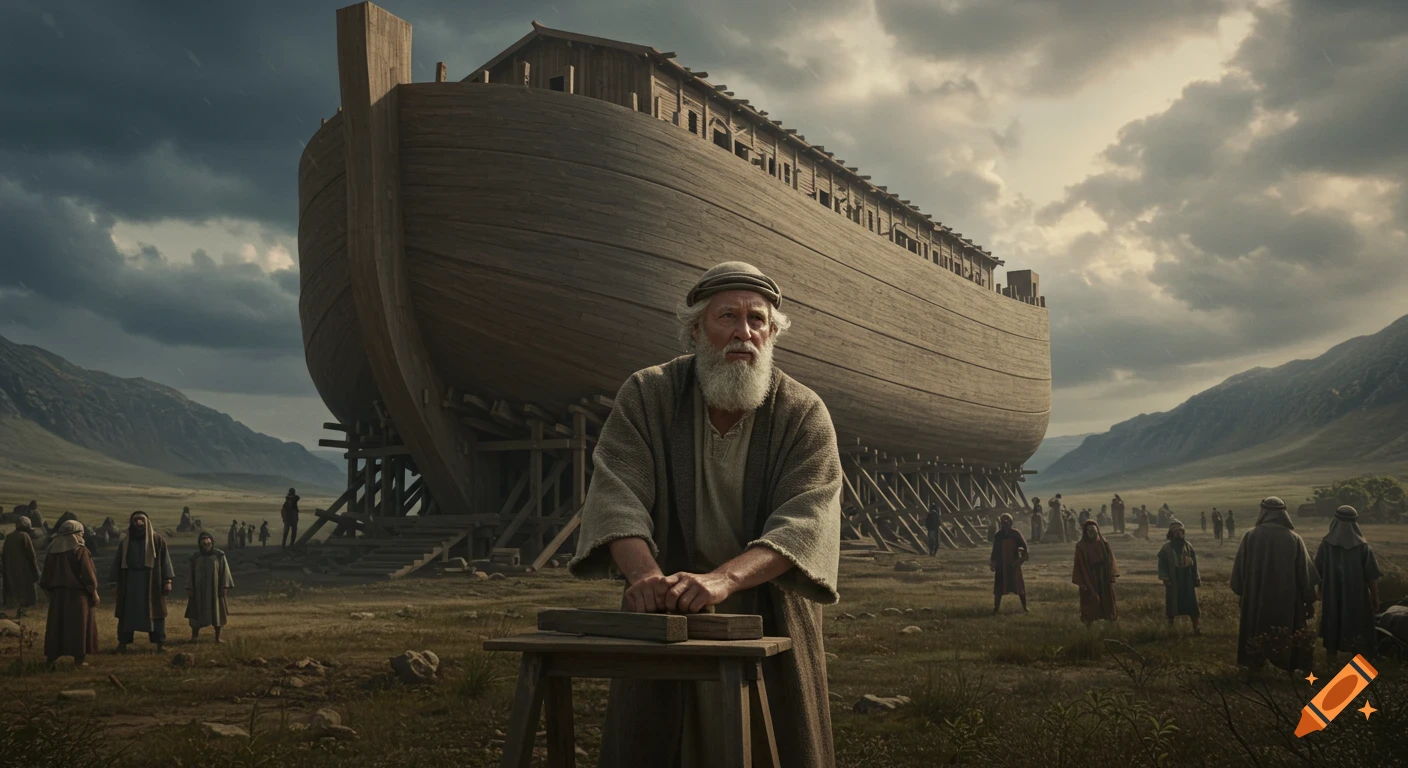 Photorealistic image of an old man (Noah) working on the massive ark under construction in a valley as storm clouds gather, with villagers in the distance.