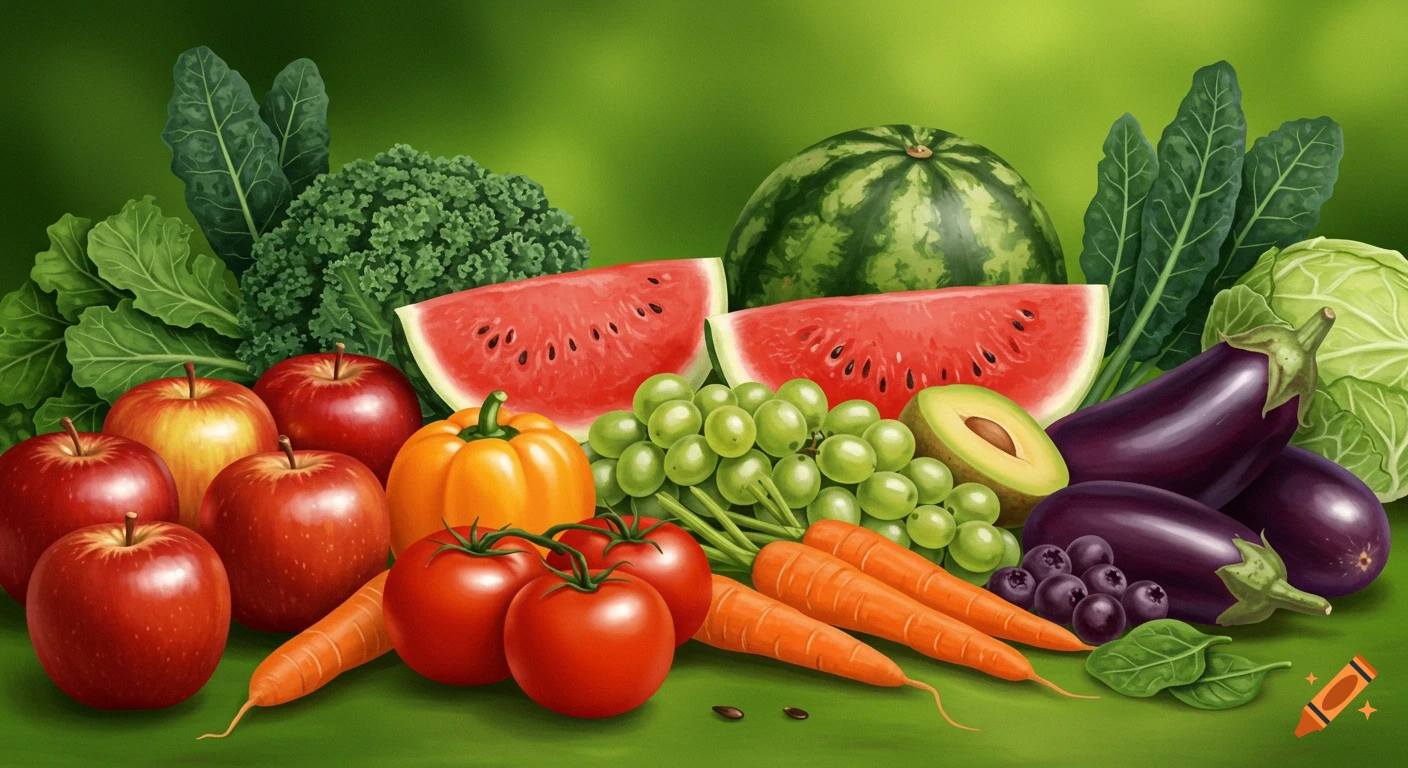 A colorful, abundant still life of various fresh fruits and vegetables like watermelon, apples, grapes, carrots, and kale on a green background.