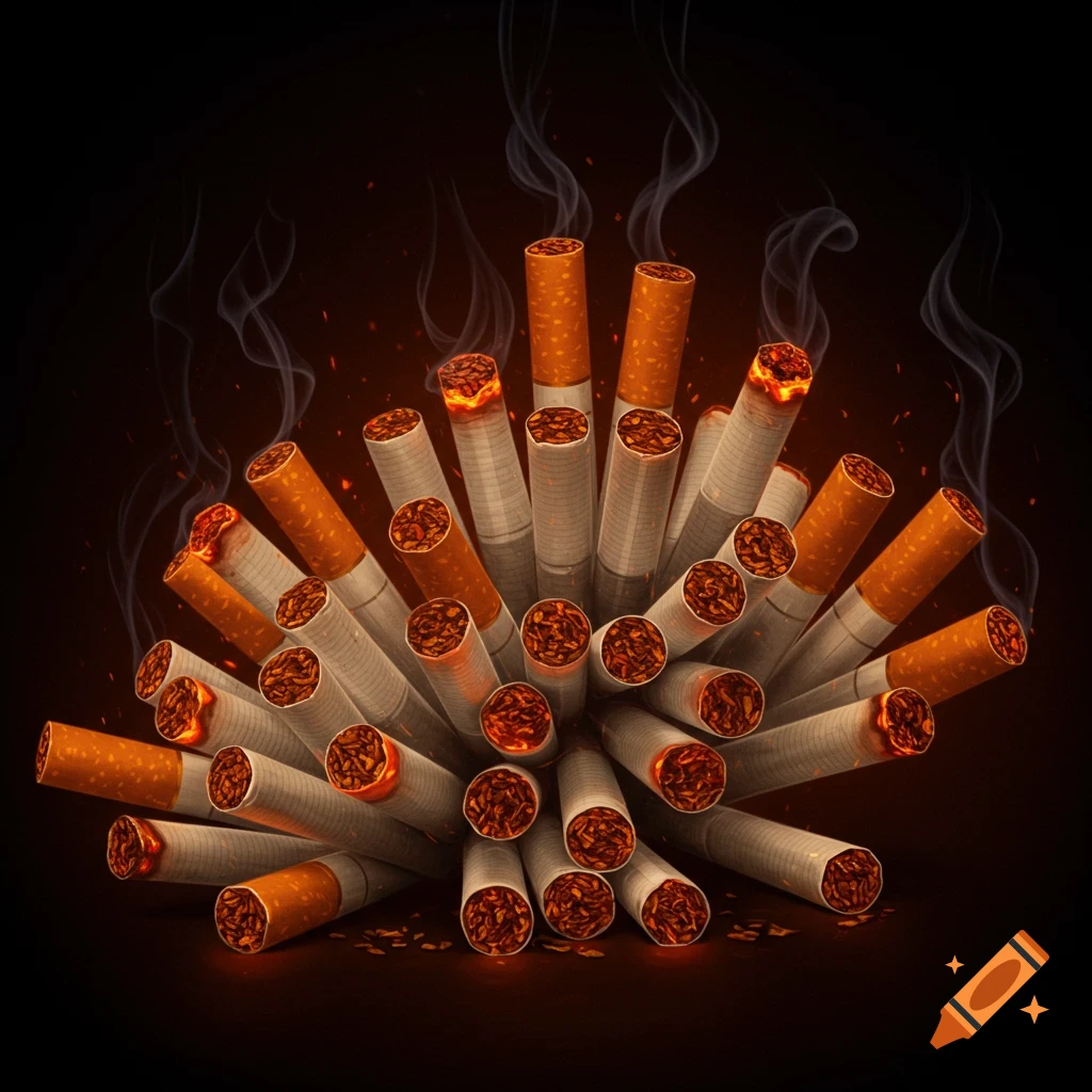 A dense cluster of many lit cigarettes with glowing orange tips and wisps of smoke against a dark background, photorealistic style.