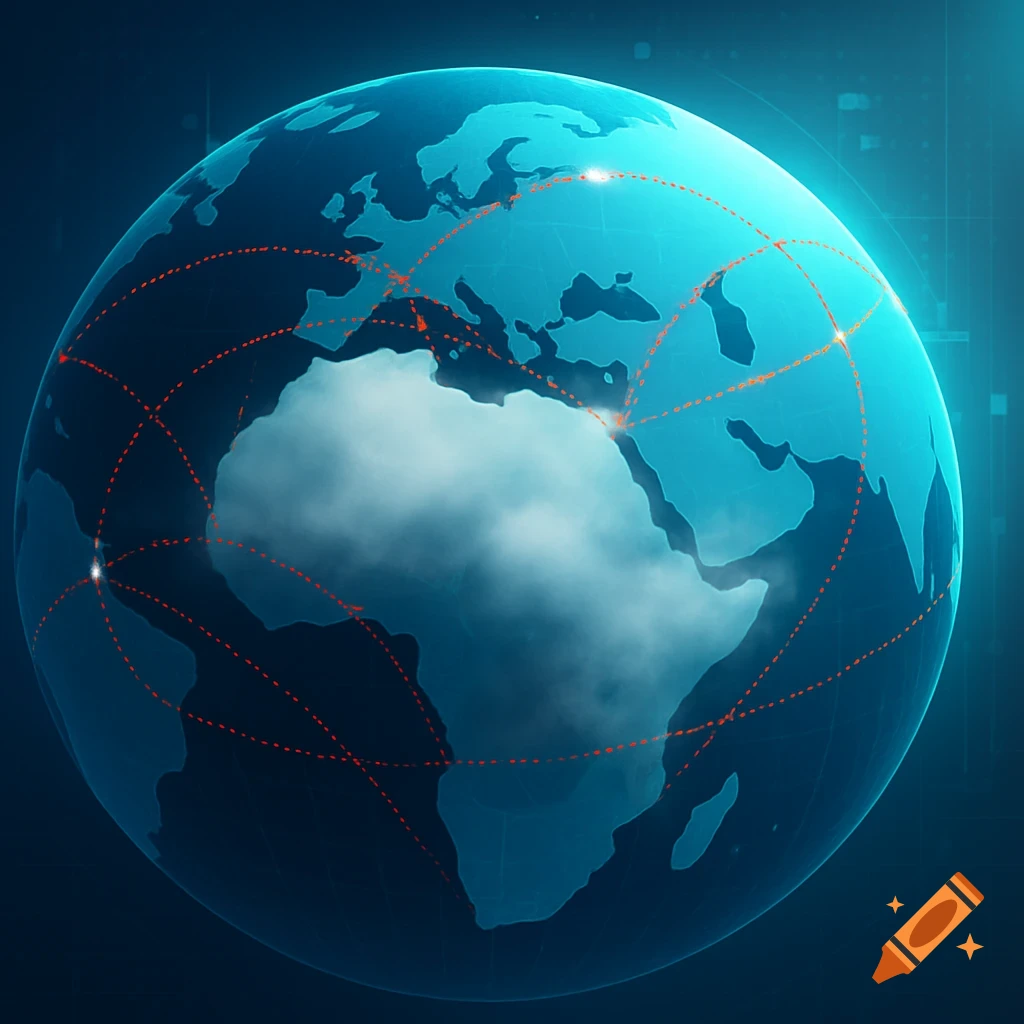 A stylized blue glowing globe showing Europe and Africa, with a network of red dotted lines connecting points and a cloud over Africa.