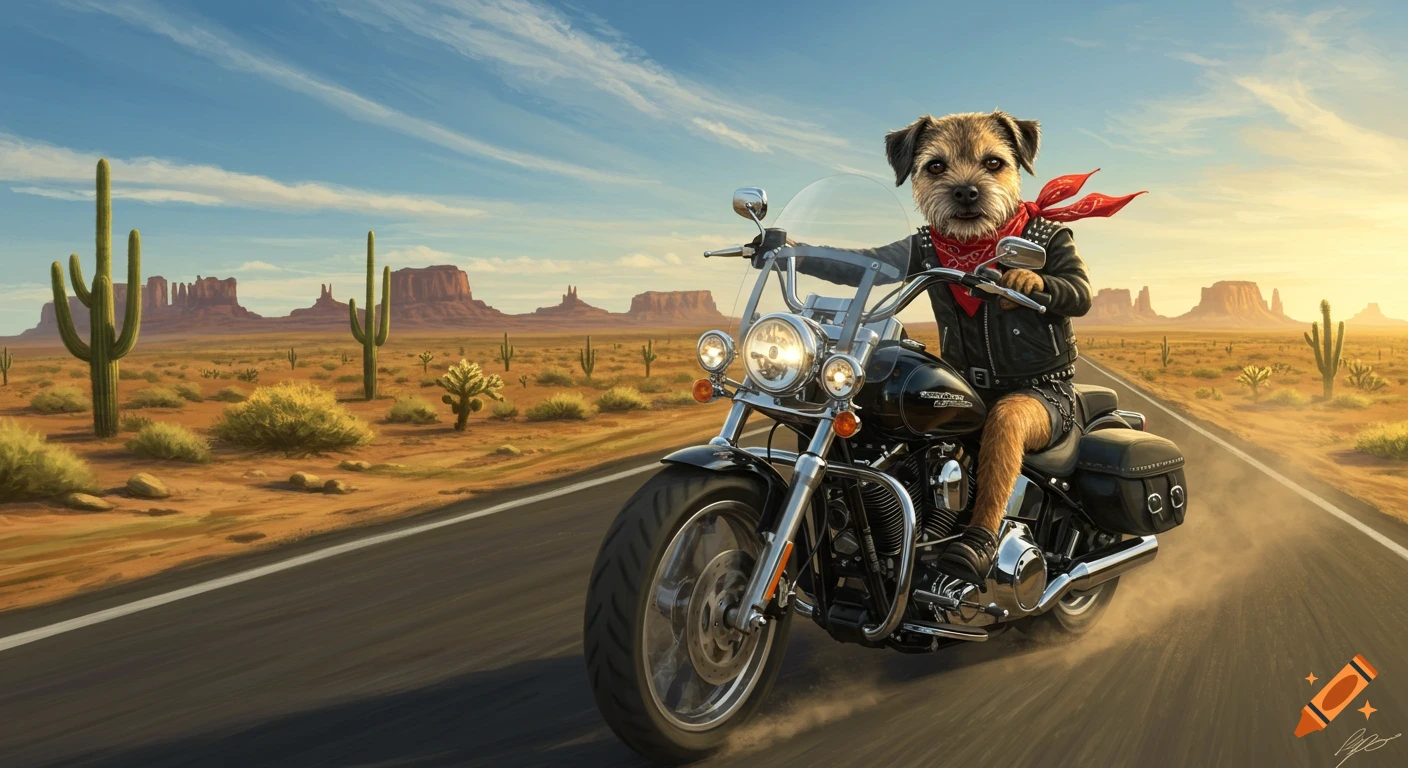 A border terrier dog in biker gear rides a Harley Davidson motorcycle on a desert road at sunset, with saguaro cacti and mesas.