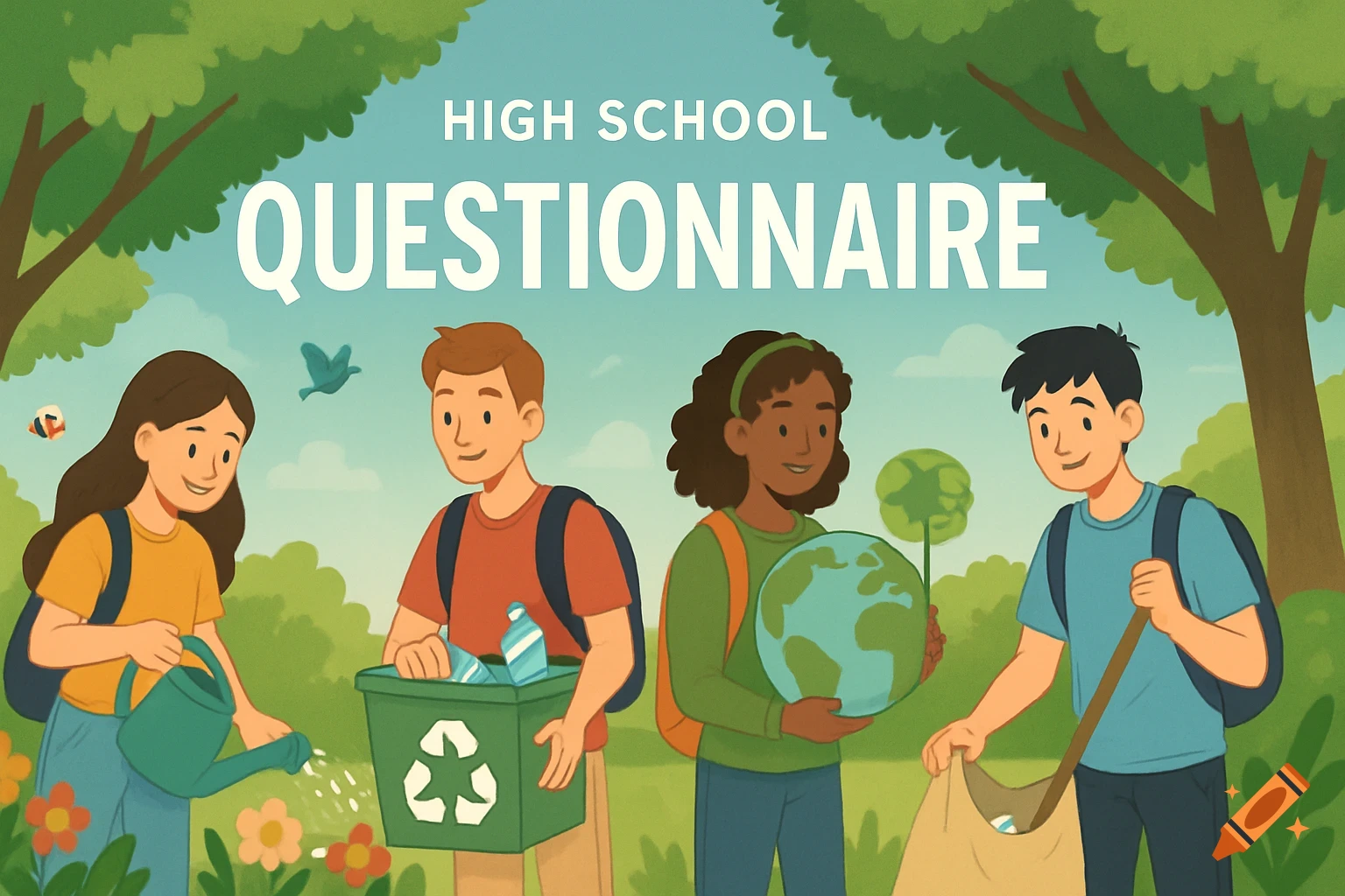High school students in a flat illustration doing environmental clean-up and gardening. Text: 'HIGH SCHOOL QUESTIONNAIRE'.