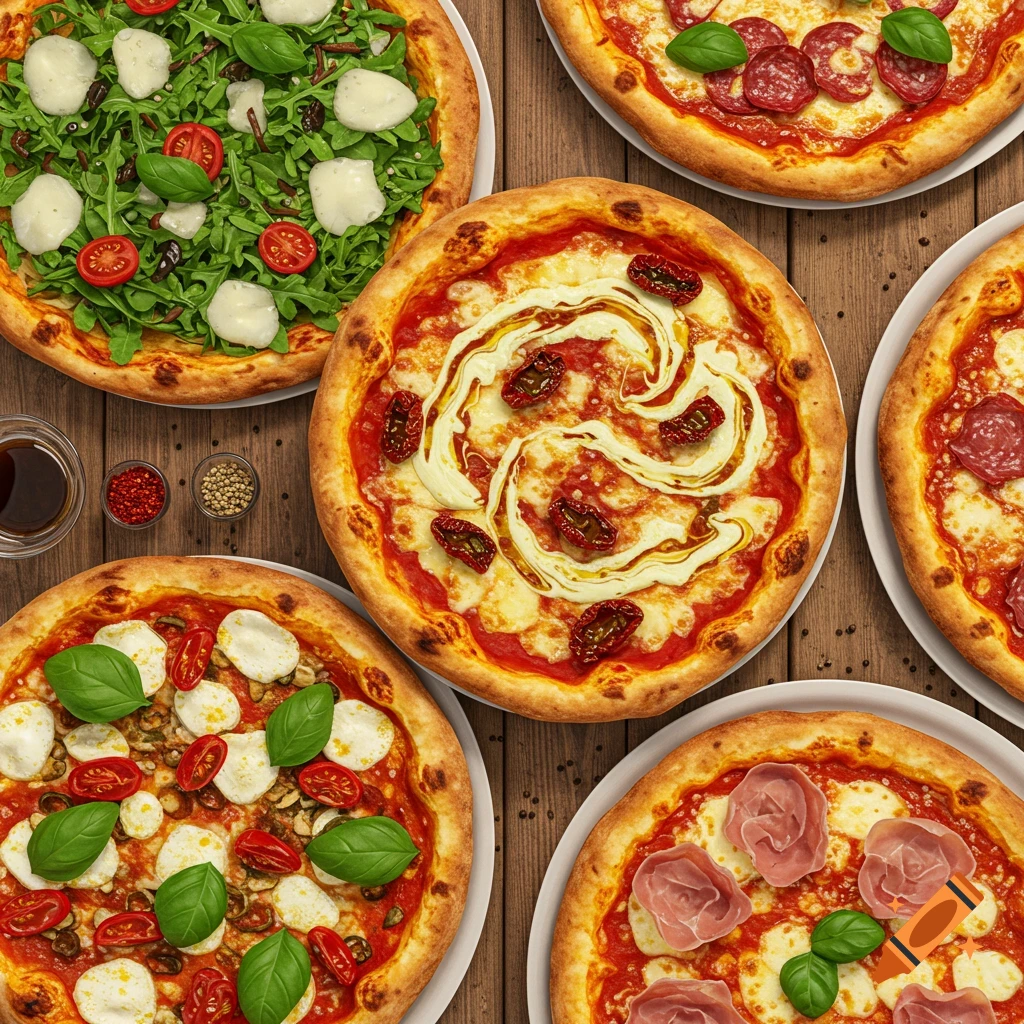Aerial view of six gourmet pizzas with various toppings, including arugula, mozzarella, salami, sun-dried tomatoes, and prosciutto, on a wooden table with spices.