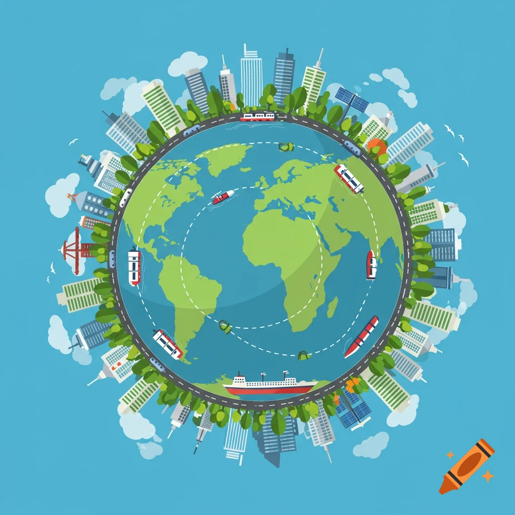 Flat illustration of a globe surrounded by buildings, trees, roads with cars and trains, and boats in the ocean.