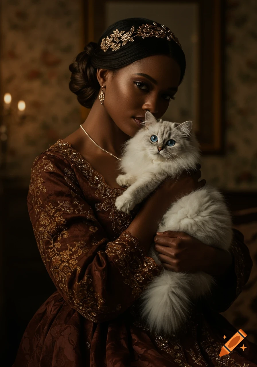An elegant woman in a dark brown embroidered gown and gold headband holds a fluffy white cat with blue eyes in a dramatic, warmly lit portrait.