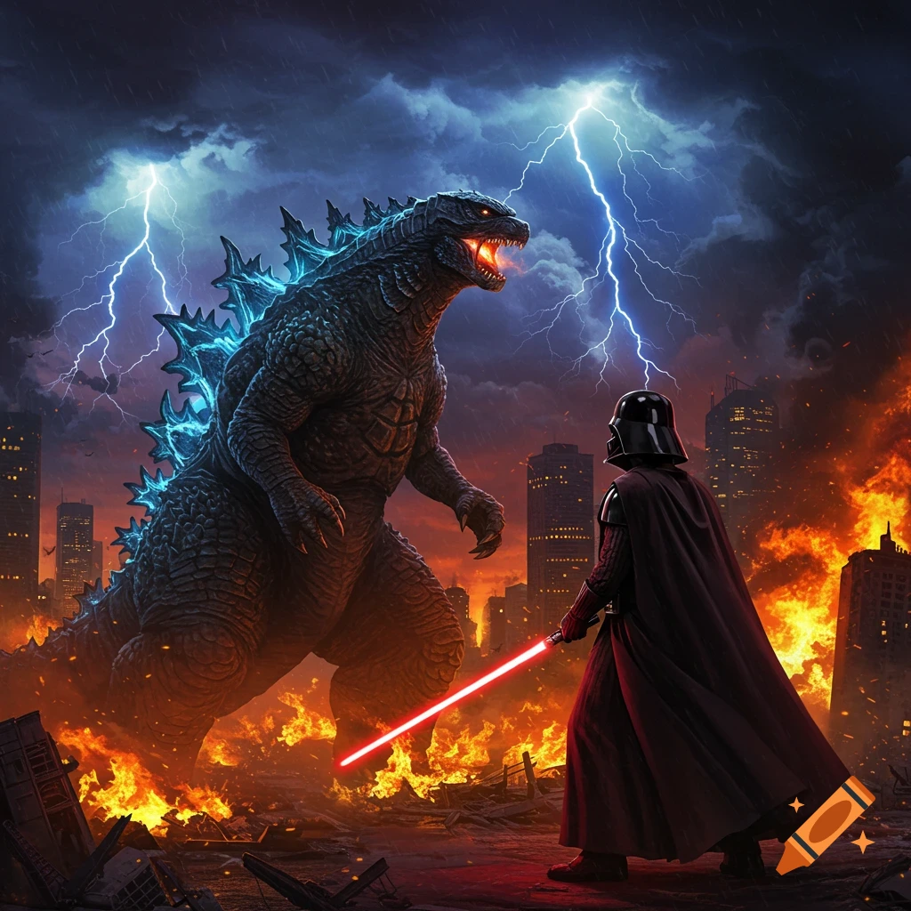 Godzilla and Darth Vader face off in a burning, lightning-streaked city.