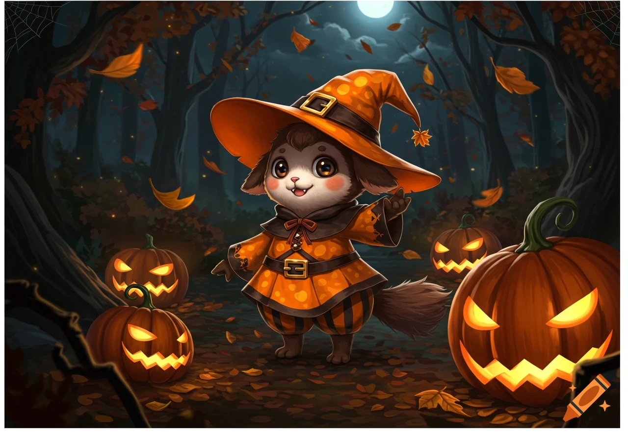 A cute furry creature in an orange witch costume and hat stands in a dark Halloween forest with glowing jack-o'-lanterns.