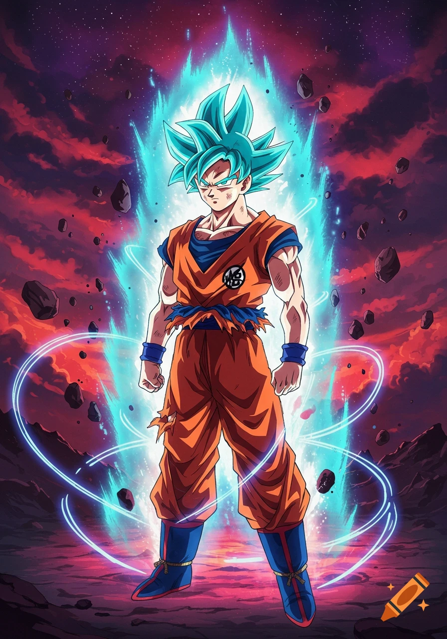 Goku in his Super Saiyan Blue form, glowing with a blue aura against a dramatic red and purple cosmic sky with floating rocks, in an anime style.