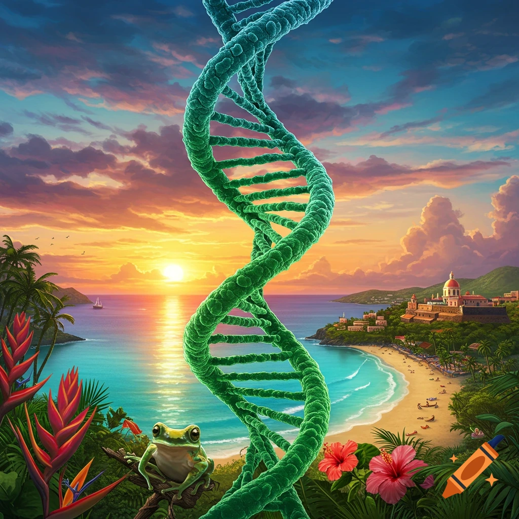 A vibrant green DNA helix spirals over a tropical sunset beach scene with a frog, lush plants, and a distant coastal town.