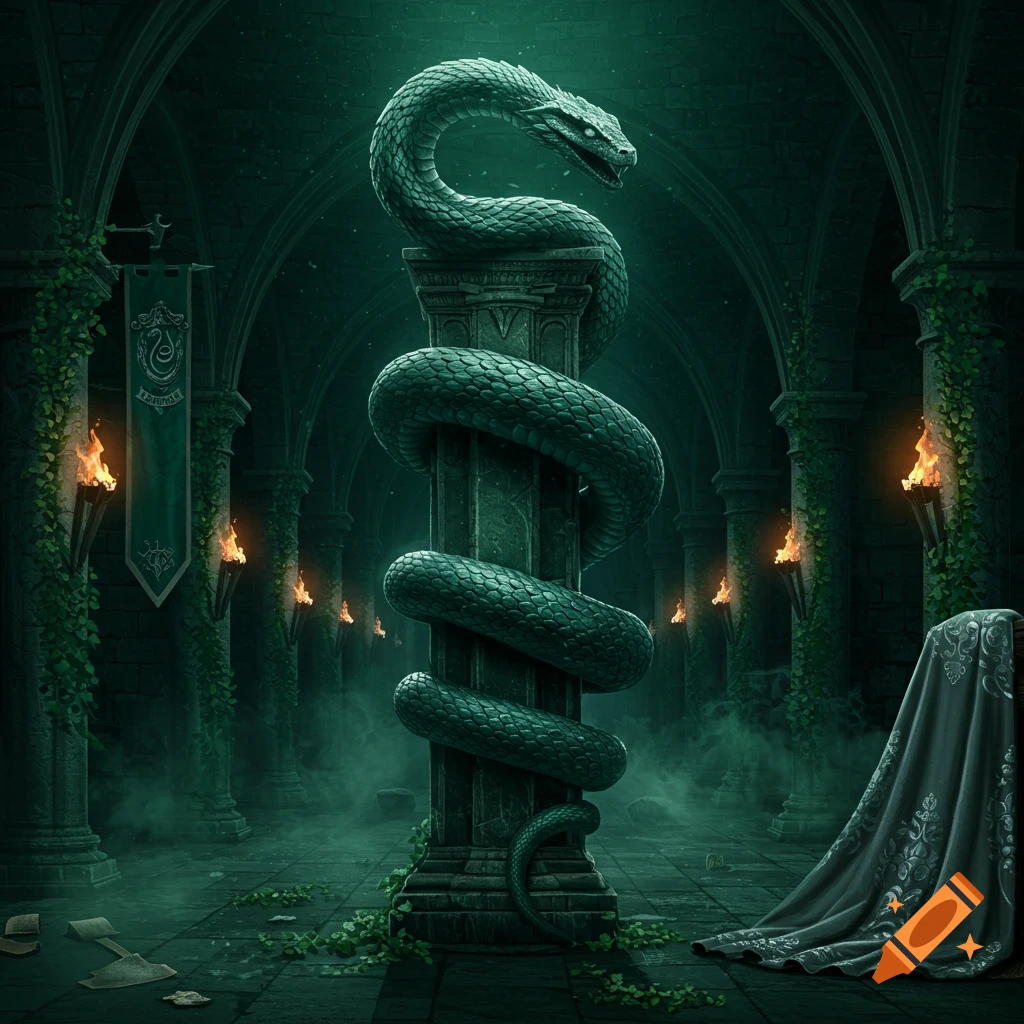 A large green snake coils around a stone pillar in a dark, atmospheric gothic hall with Slytherin banner and torches.