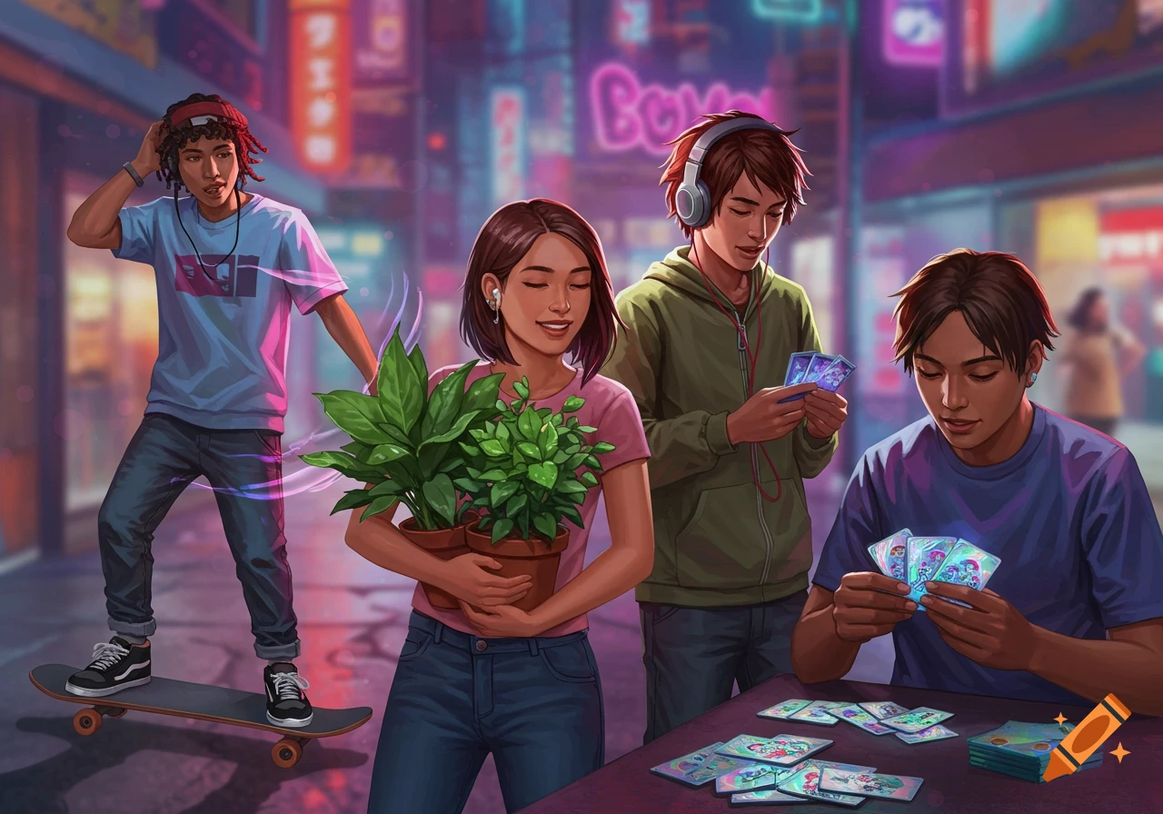 A digital illustration of four young people in a neon-lit urban street: one on a skateboard, one with plants, and two playing trading cards.