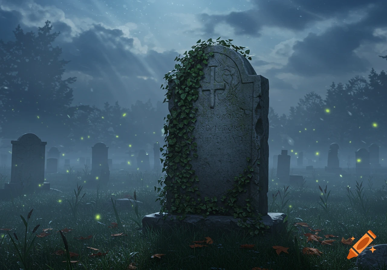 A misty graveyard at night with illuminated fireflies and moonlight breaking through clouds, focusing on an ivy-covered tombstone.