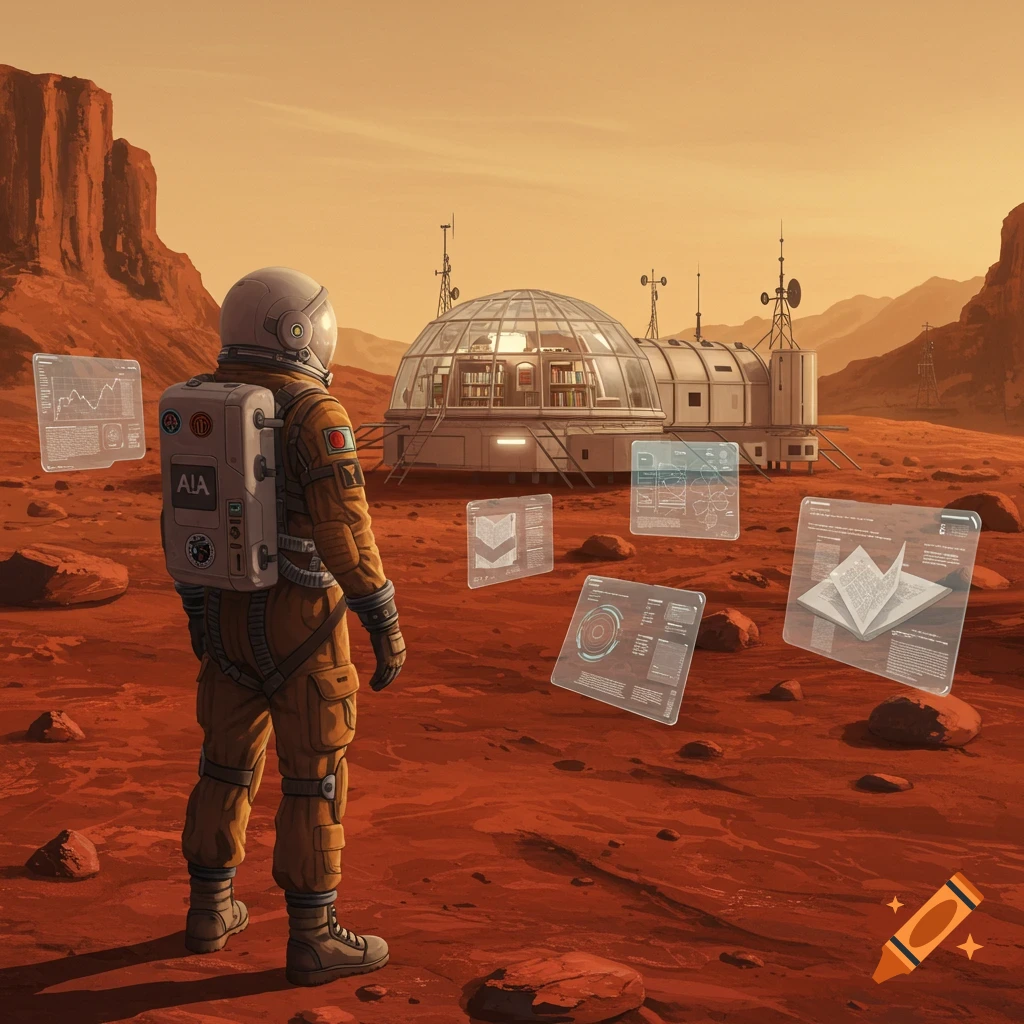 An astronaut stands on the red Martian landscape, looking at a futuristic dome base and multiple floating holographic data screens.