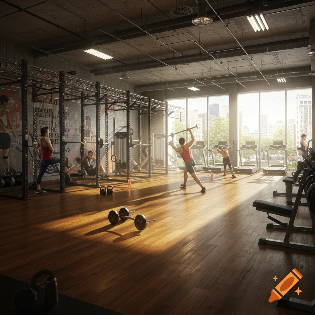 Photorealistic scene of people exercising in a modern gym with large windows and sunlight streaming onto the wooden floor.