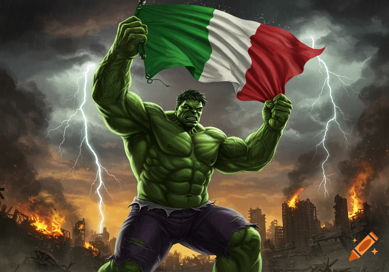The Hulk, a muscular green superhero, stands defiantly amidst a destroyed city, holding up a large Italian flag under a stormy sky with lightning.