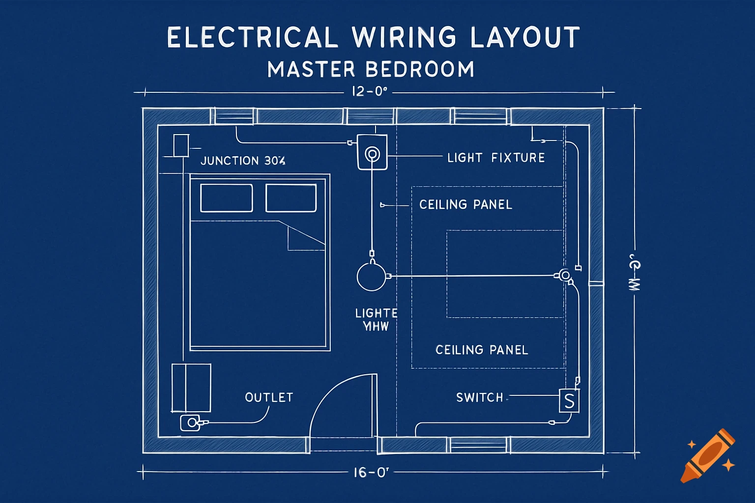 A blueprint-style electrical wiring layout for a master bedroom, showing light fixtures, outlets, and switches.