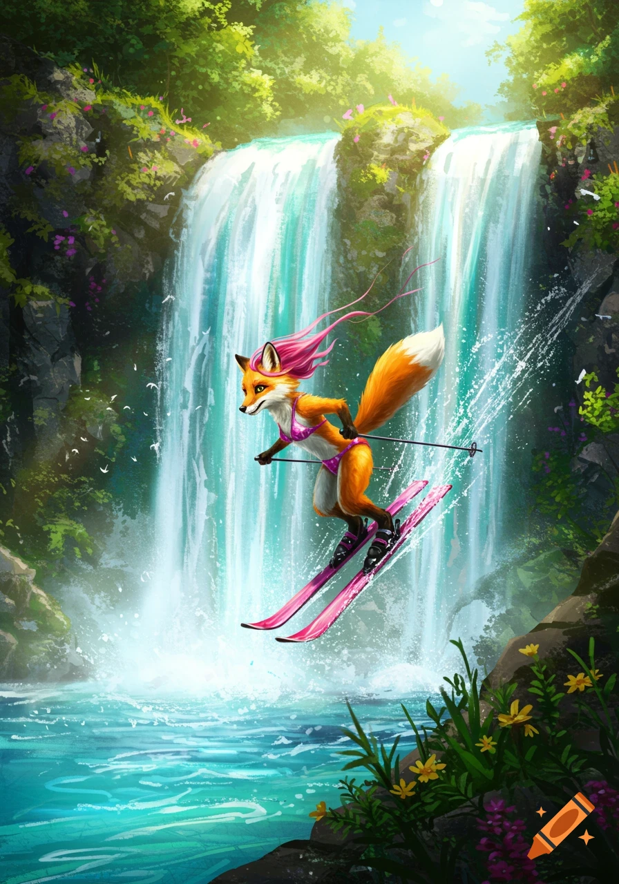 An anthropomorphic fox with pink hair and a pink bikini skis down a vibrant waterfall in a lush forest, a stylized illustration.