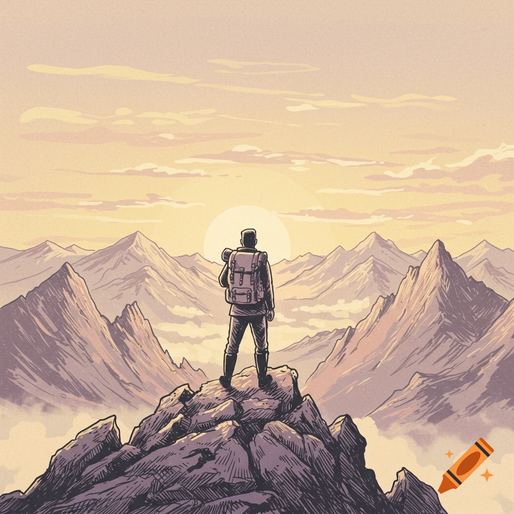 Vintage illustration of a hiker on a rocky mountain peak, watching the sunrise over a range of mountains.