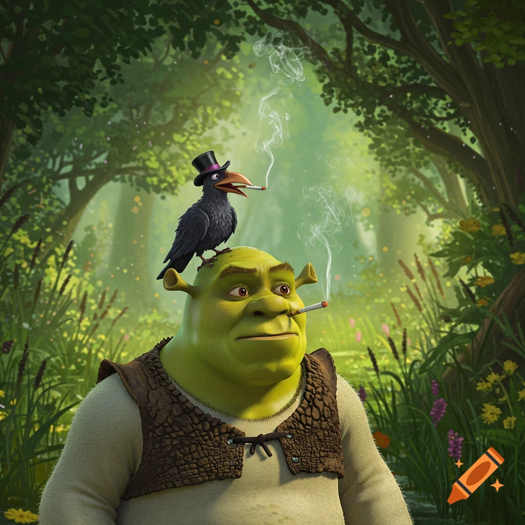 Shrek smokes a cigarette with a top-hatted, cigarette-smoking crow perched on his head in a lush green forest.