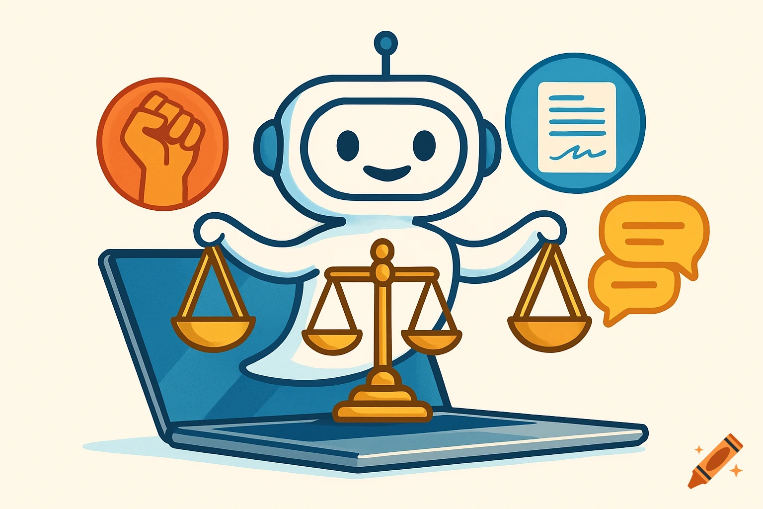 Flat vector illustration of a cheerful AI robot holding scales of justice on a laptop, surrounded by civil rights, contract, and speech icons.
