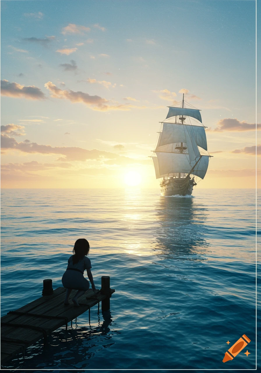 A child on a wooden pier gazes at a tall sailboat sailing towards the radiant sunset on the calm ocean, photorealistic style.