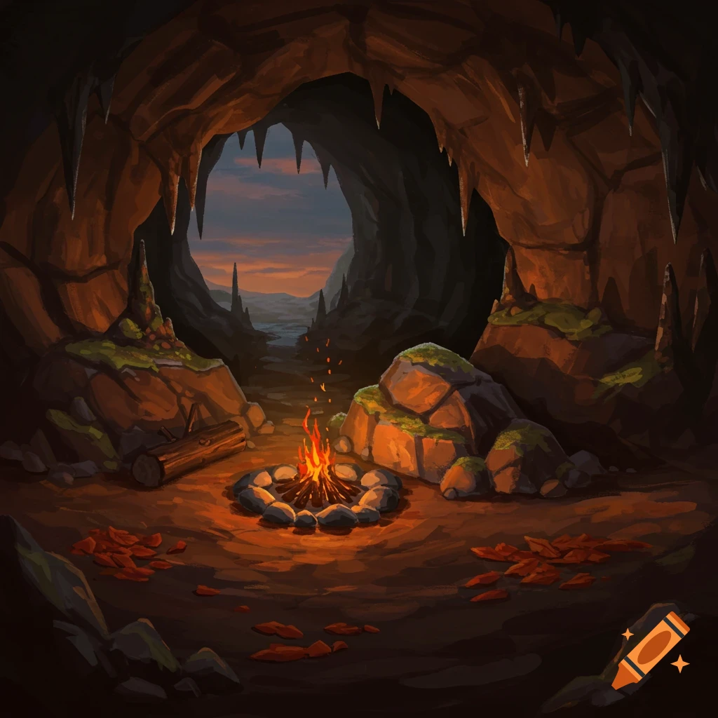 Digital painting of a cozy campfire within a large cave, with stalactites, rocks, and a view of the evening sky outside.