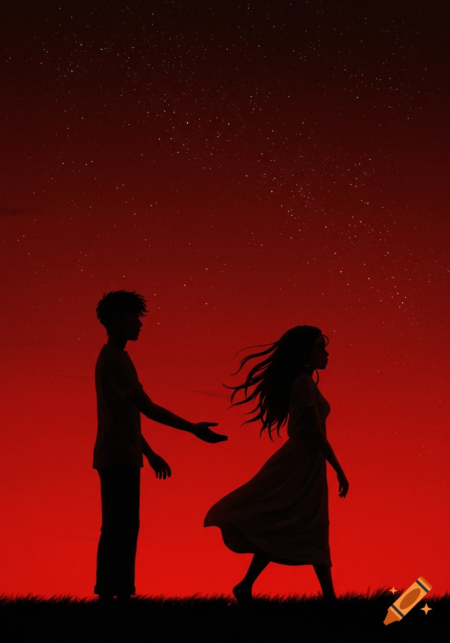 Silhouette of a man reaching for a woman walking away under a red, starry night sky.