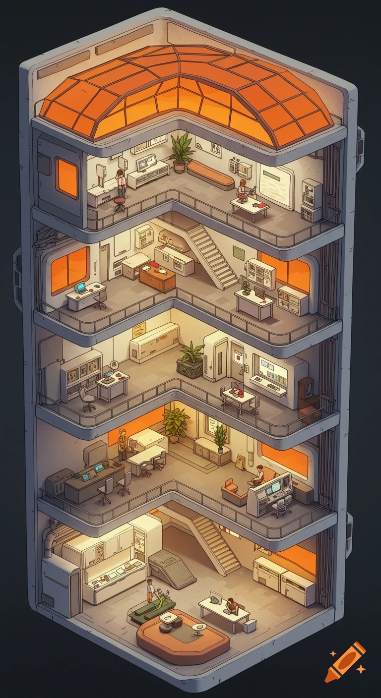An isometric illustration of a multi-level retro-futuristic building interior with workspaces, people, stairs, and orange glass domes.