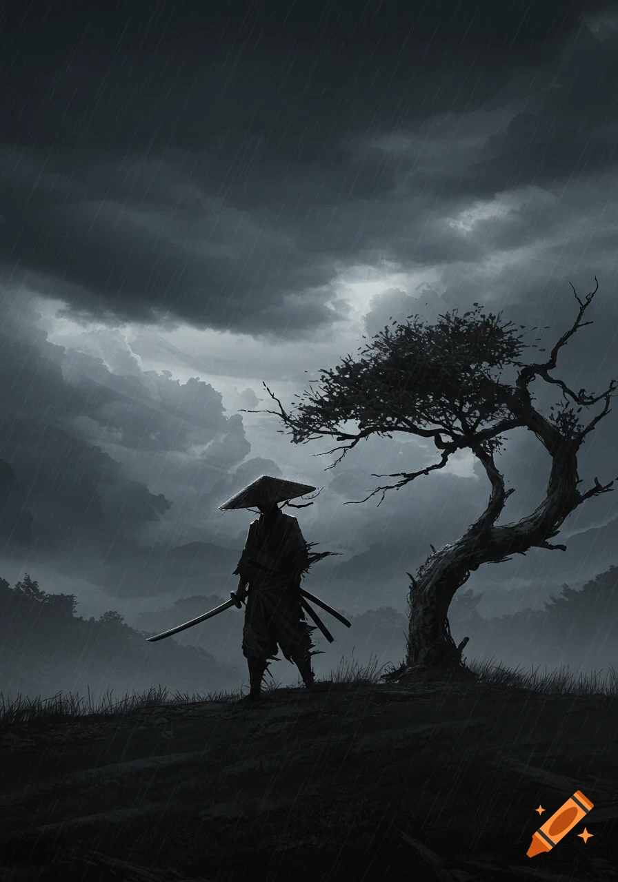 A lone samurai in a straw hat stands on a windswept hill beside a gnarled tree under dark, stormy, rainy skies.