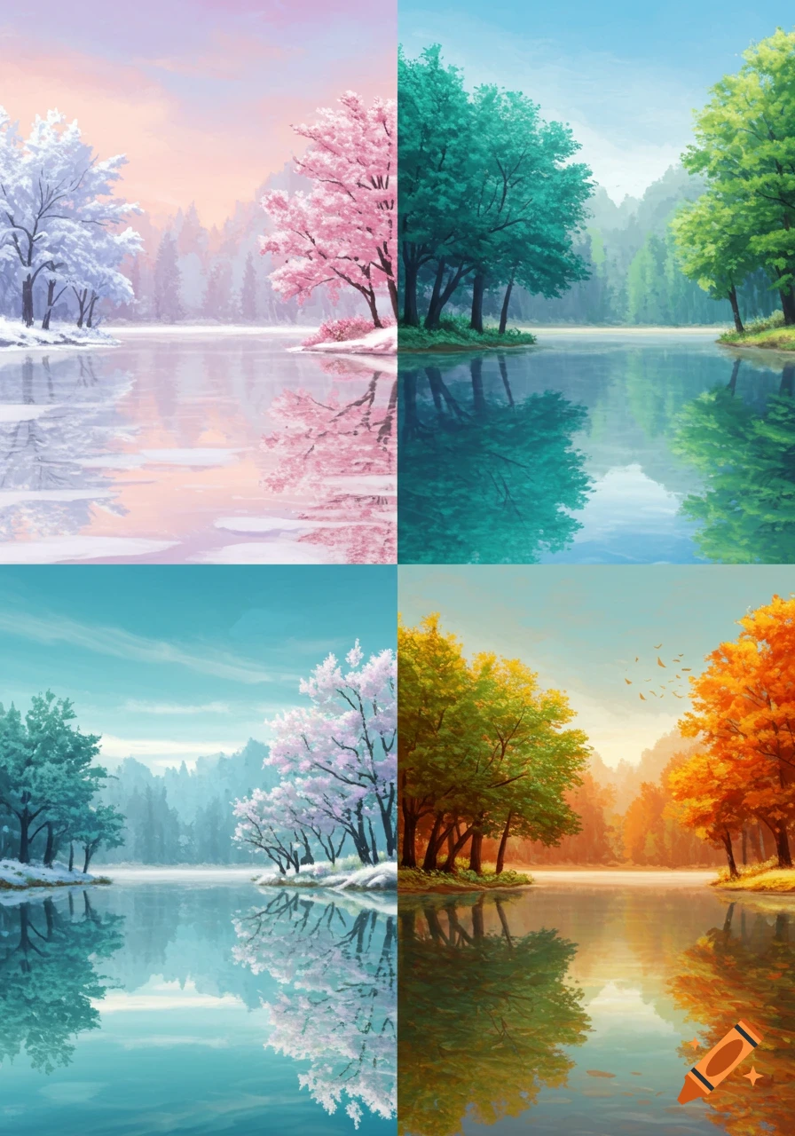 A vibrant 2x2 grid shows a lake and trees changing through winter, spring, summer, and autumn in a pastel painting style.