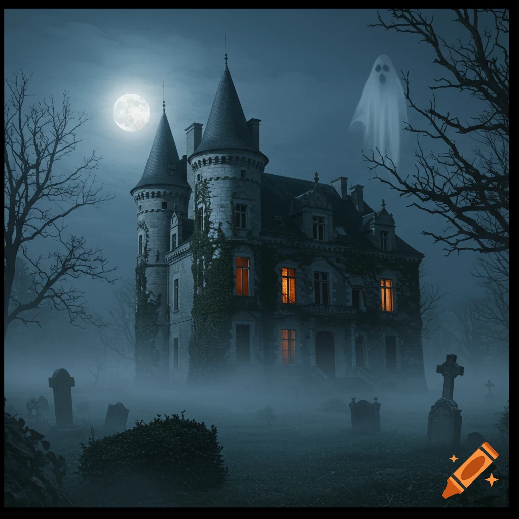 A photorealistic image of a spooky haunted castle with glowing windows, a ghost, and a graveyard under a full moon, shrouded in fog.