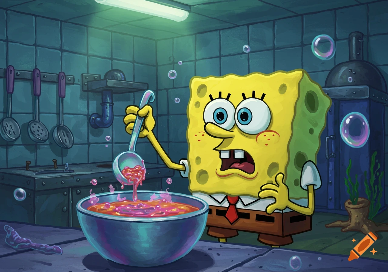 SpongeBob SquarePants with a worried expression, holding a ladle over a bubbling bowl of pink soup in a dark kitchen.