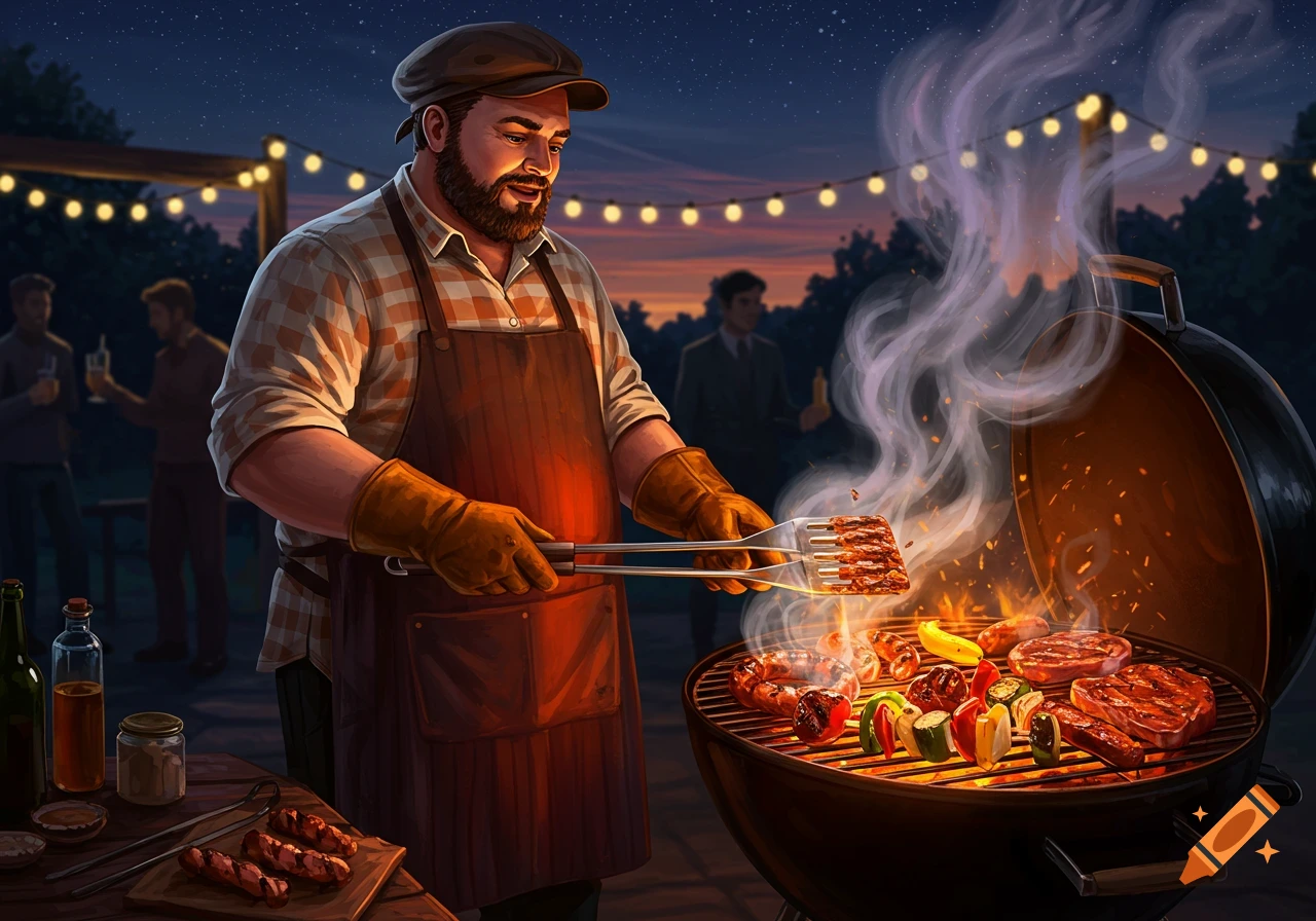 A bearded man in an apron and gloves grills meat and vegetables at an evening barbecue party with string lights and guests in the background.