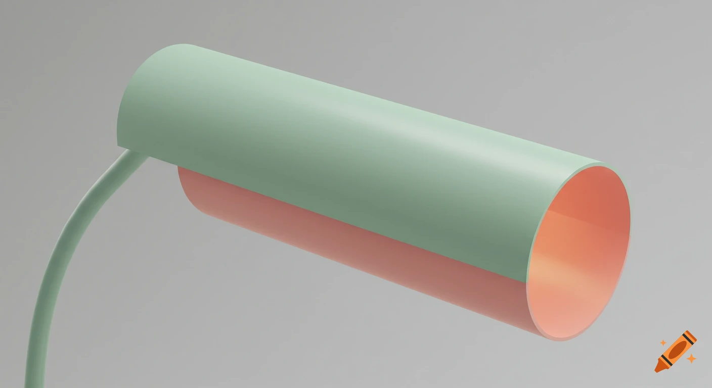 A minimalist 3D rendering of a lamp hood. The long, hollow oval is pastel green outside and pastel orange inside, connected to a flexible arm on a gray background.