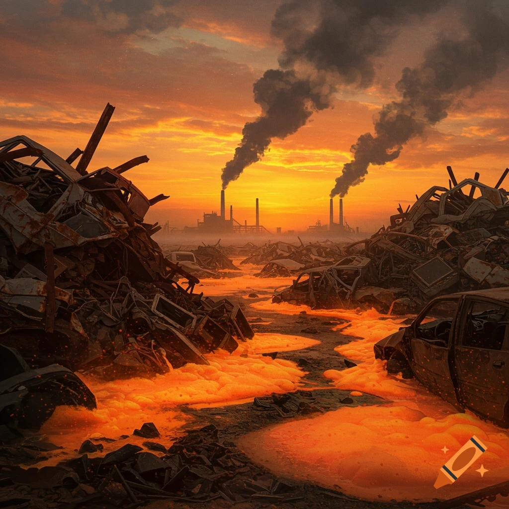 An apocalyptic landscape at sunset with smoking factories, massive junkyards, and a river of bright orange foamy chemical waste.