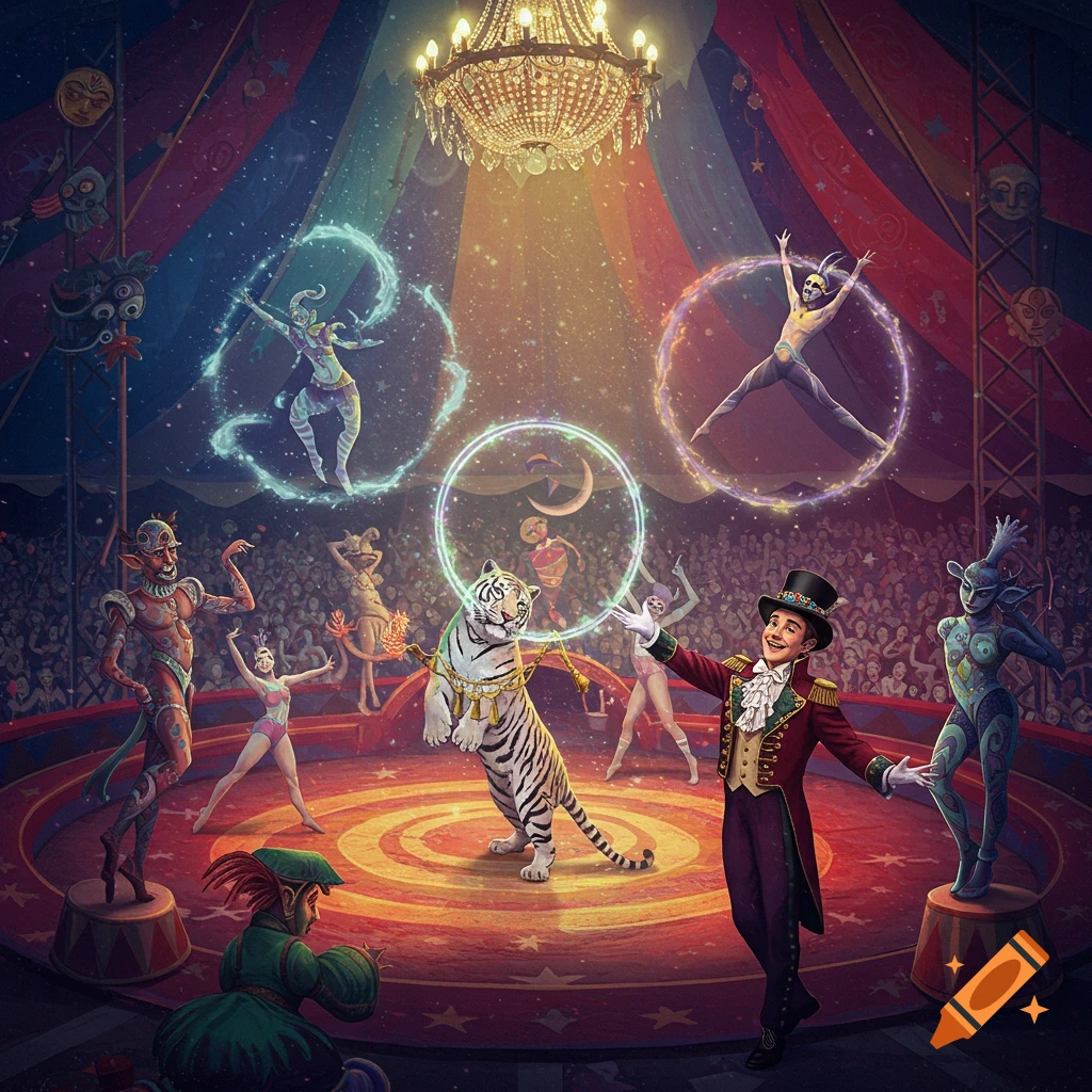 A vibrant fantasy circus scene with a ringmaster, a tiger, and various performers with glowing rings under a grand chandelier.