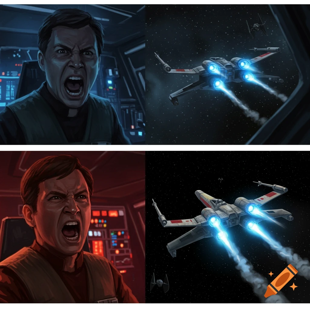 Two digital art panels each showing a man screaming in a spaceship cockpit and an X-Wing fighter flying through space.