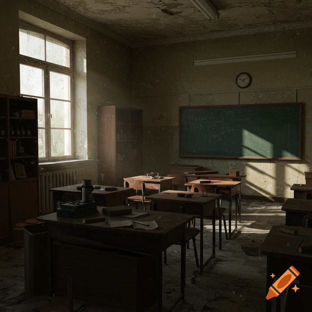 Sunlight streams into a dusty, abandoned classroom with old wooden desks, a blackboard with writing, and peeling paint on the walls.