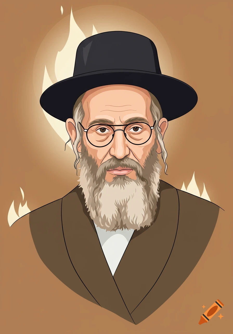 Minimalist vector art portrait of an old bearded man with glasses, a hat, and sidelocks, against a warm glowing background with abstract flames.